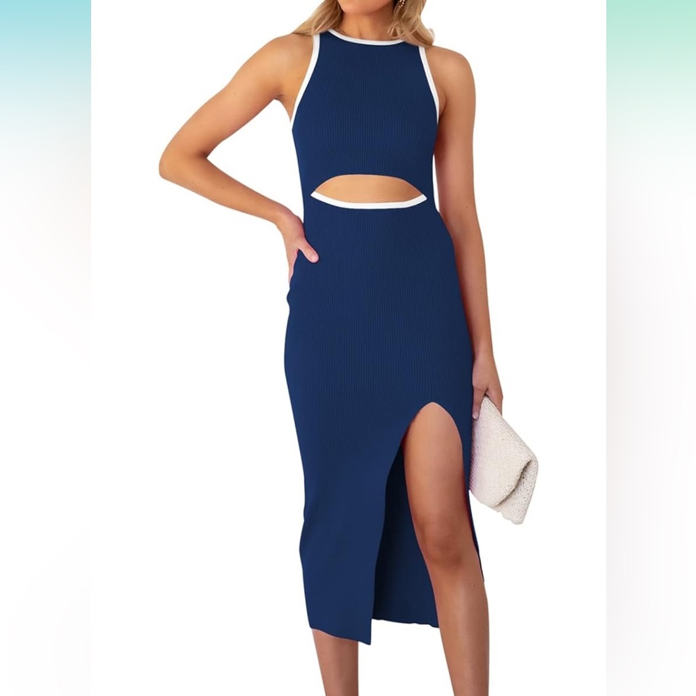 Cutout crewneck sleeveless ribbed dress